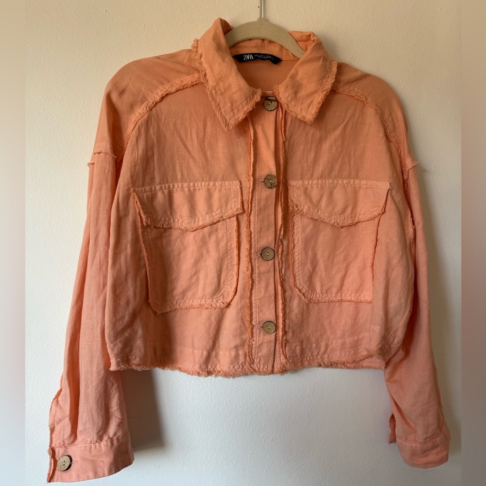 Zara Coral Button Up Linen Long Sleeved Top